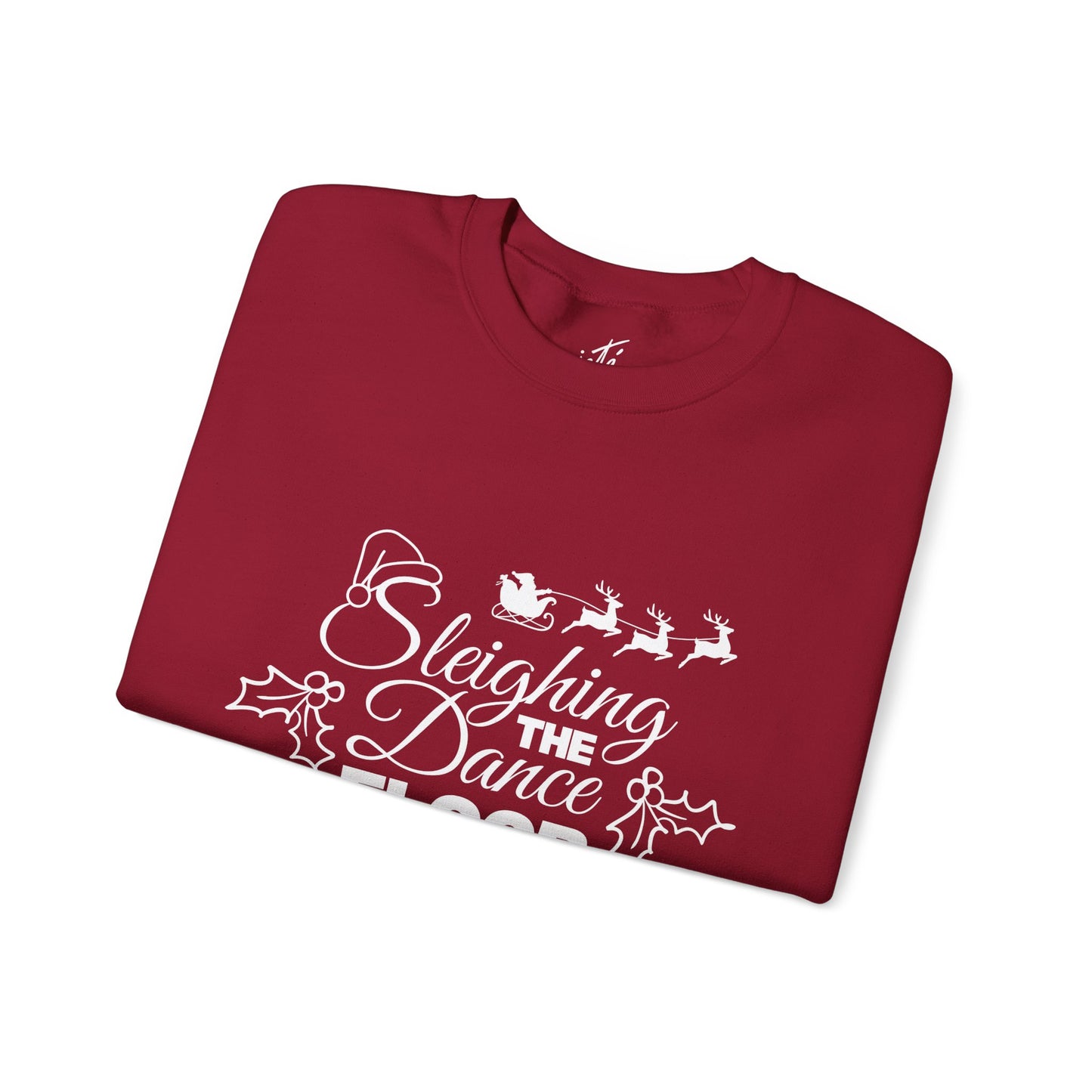 “Sleighing the Dance Floor” ADULT SWEATSHIRT Unisex Heavy Blend Crewneck – Festive Christmas Dance Sweatshirt with Santa’s Sleigh & Reindeer Arm Design, Perfect for Dancers & Studios