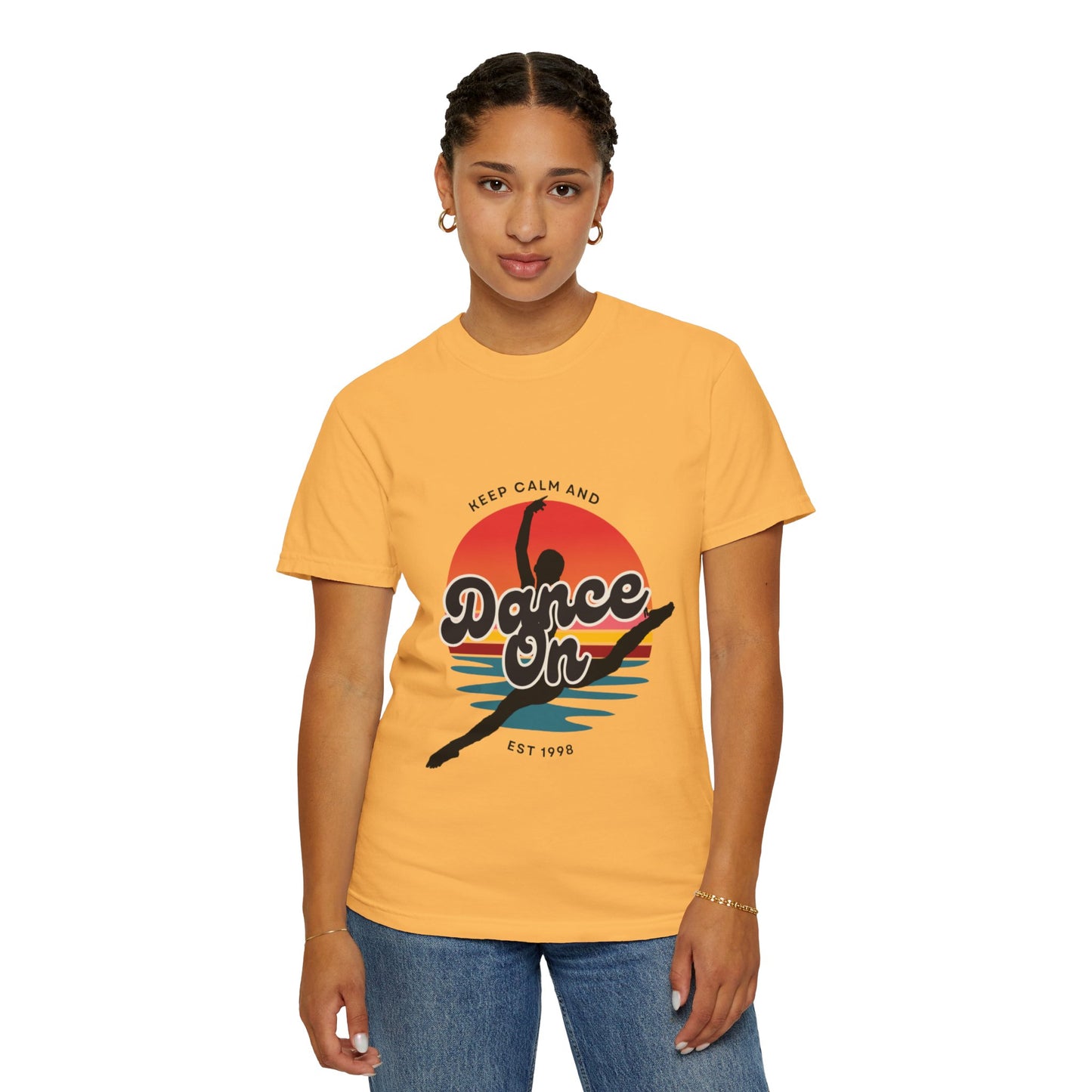 "Keep Calm and Dance On" Unisex Garment-Dyed T-Shirt – Retro Dance Graphic Tee – Vintage-Inspired Comfort Shirt for Dancers