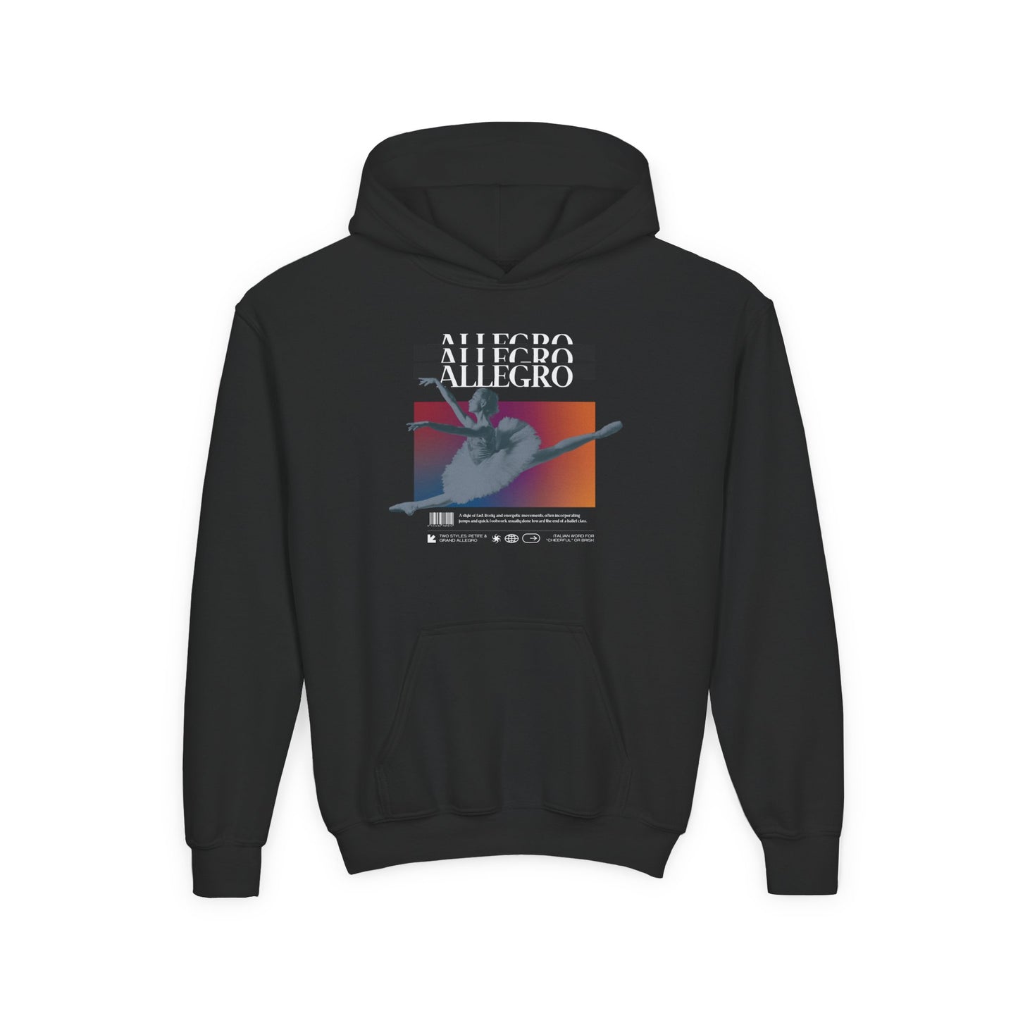 “Allegro” Ballet Term Definition with Beautiful Ballerina Graphic | Unisex Youth Hoodie – Streetwear-Inspired Ballet Dance Hoodie for Kids & Young Dancers