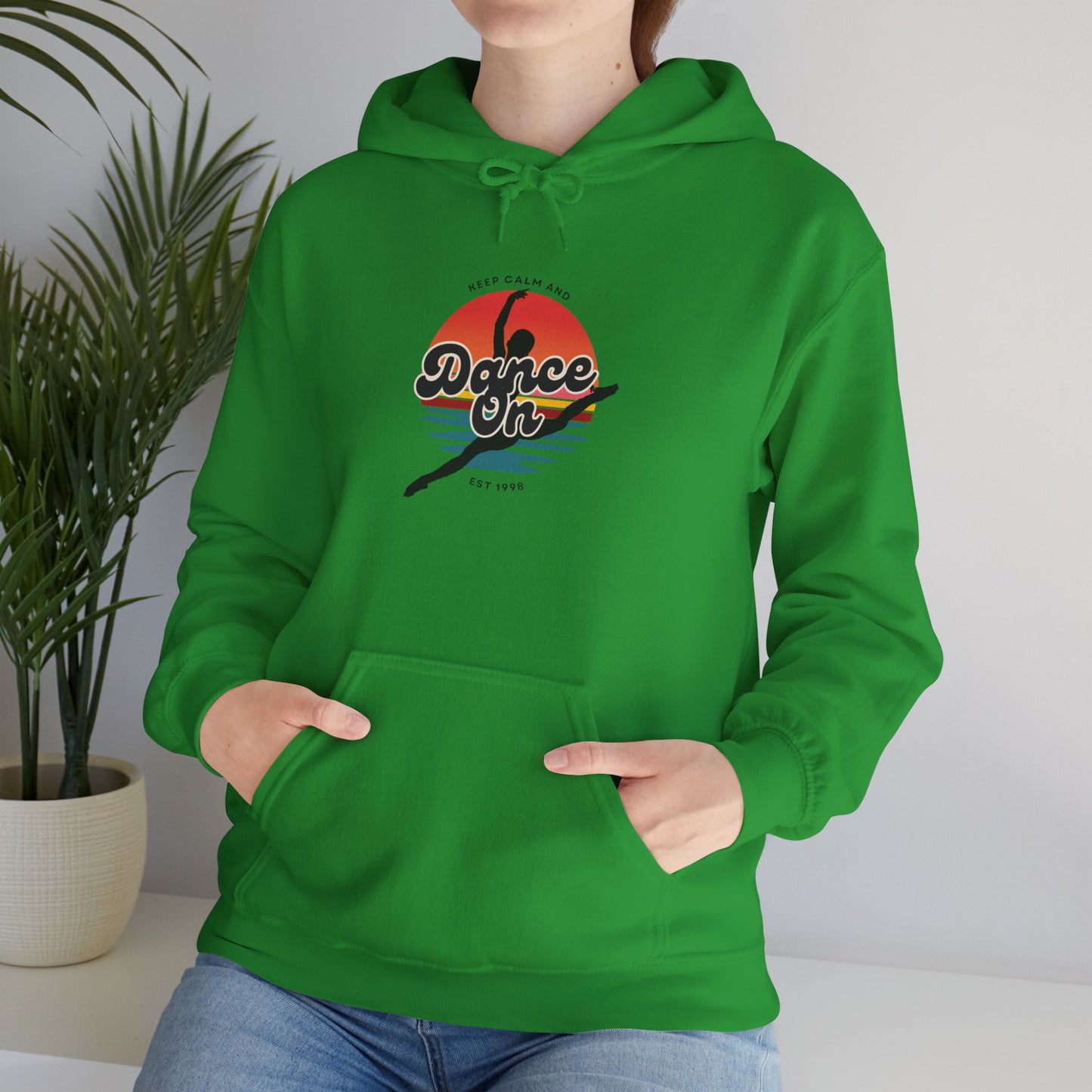 “Keep Calm and Dance On” Retro Hoodie – Unisex Dance-Inspired Hooded Sweatshirt for Dancers & Movement Lovers