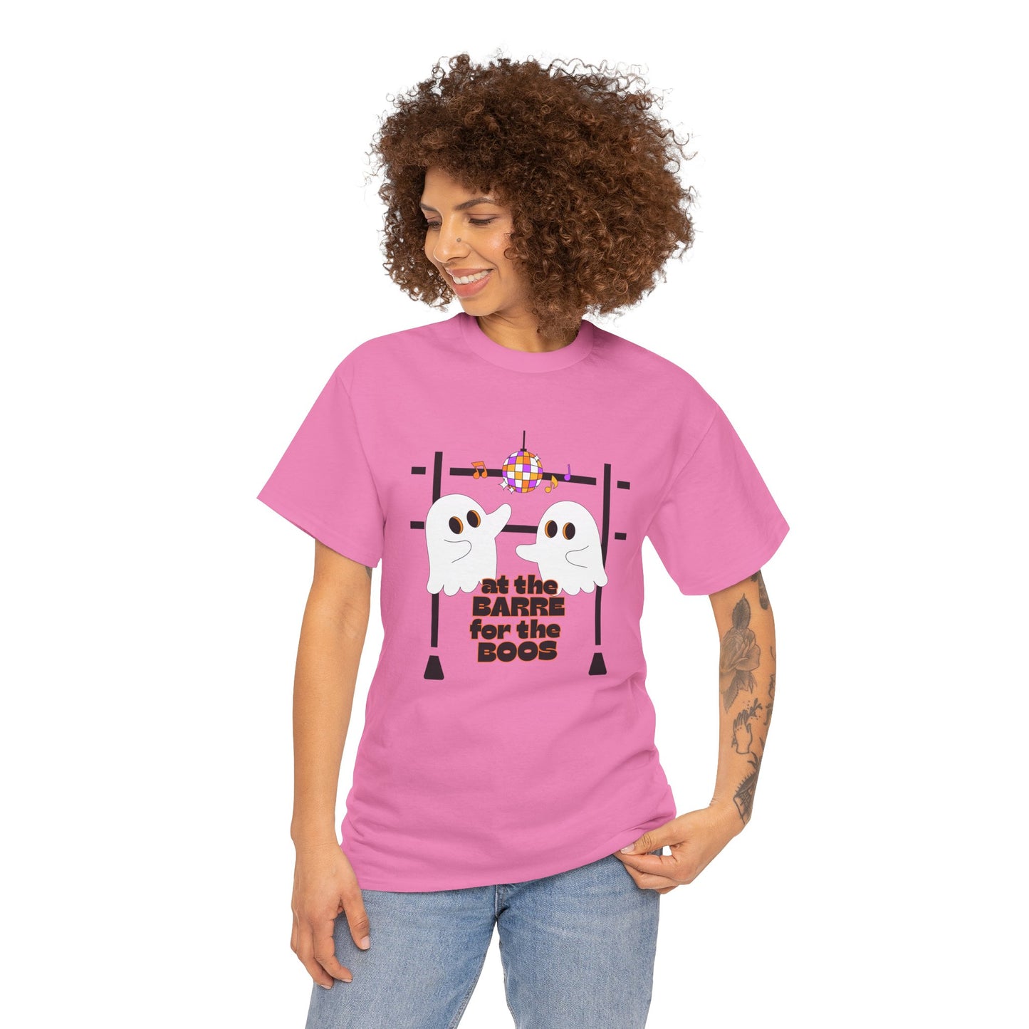 “At the Barre for the Boos” Dance Halloween T-Shirt with Cute Ghost Ballet Graphics - Unisex Heavy Cotton Tee