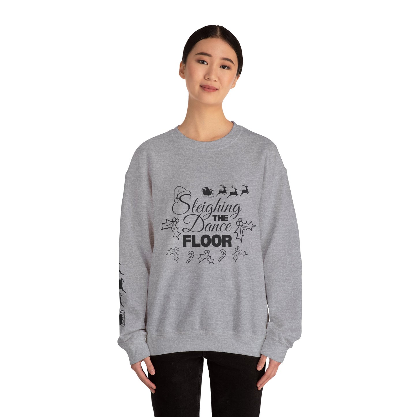 “Sleighing the Dance Floor” ADULT SWEATSHIRT Unisex Heavy Blend Crewneck – Festive Christmas Dance Sweatshirt with Santa’s Sleigh & Reindeer Arm Design, Perfect for Dancers & Studios