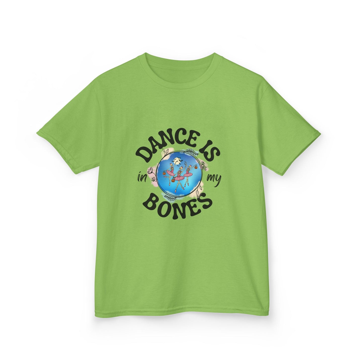 "Dance Is in My Bones” Halloween Dance T-Shirt with Dancing Skeletons Graphic - Kids Heavy Cotton™ Tee