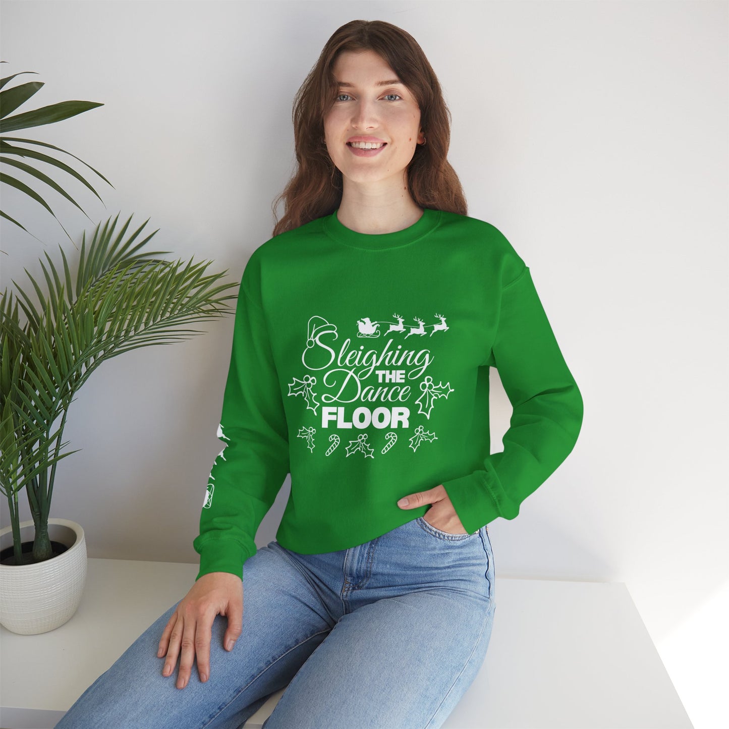 “Sleighing the Dance Floor” ADULT SWEATSHIRT Unisex Heavy Blend Crewneck – Festive Christmas Dance Sweatshirt with Santa’s Sleigh & Reindeer Arm Design, Perfect for Dancers & Studios
