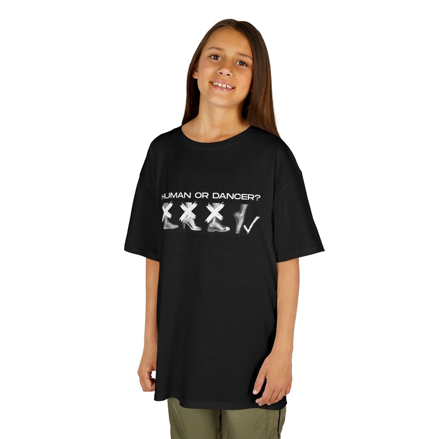“Human or Dancer” Youth Short Sleeve Tee with Cute X-Ray Ballet Feet Graphic – Personalized Dance T-Shirt for Kids & Teens, Custom Name or Studio Option