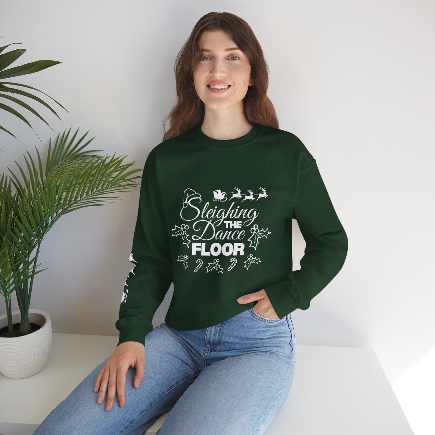 “Sleighing the Dance Floor” ADULT SWEATSHIRT Unisex Heavy Blend Crewneck – Festive Christmas Dance Sweatshirt with Santa’s Sleigh & Reindeer Arm Design, Perfect for Dancers & Studios
