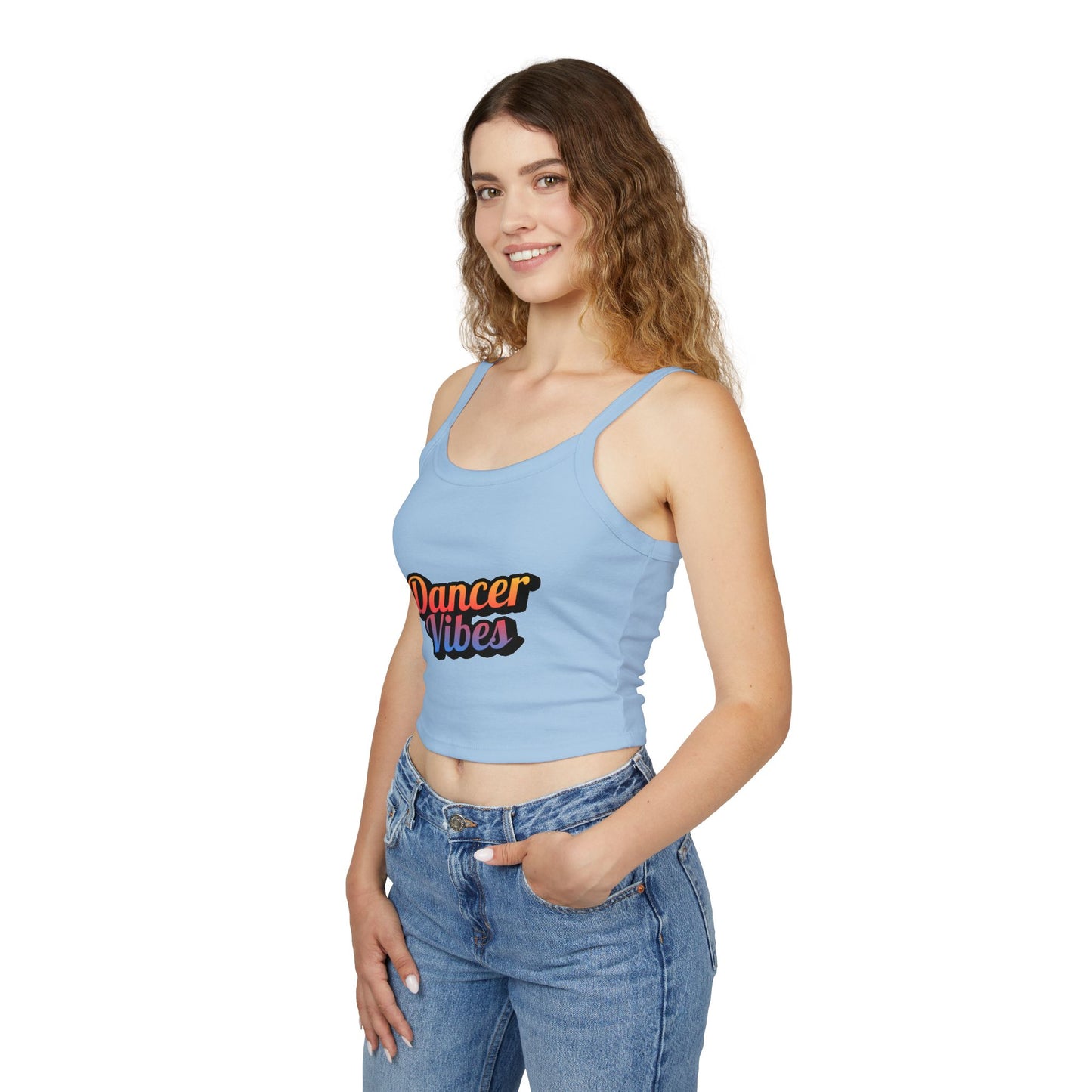 "Dancer Vibes" Women’s Spaghetti Strap Tank Top – Colorful Text Graphic | Fun Dance Lifestyle Shirt for Studio, Festivals & Everyday Style