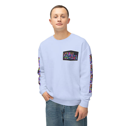 Levels Premium Collection Dance Crewneck Sweatshirt – Vibrant Unisex Streetwear Pullover with "Levels Pictures Textures" Front Text and Dancer Silhouettes on Sleeves