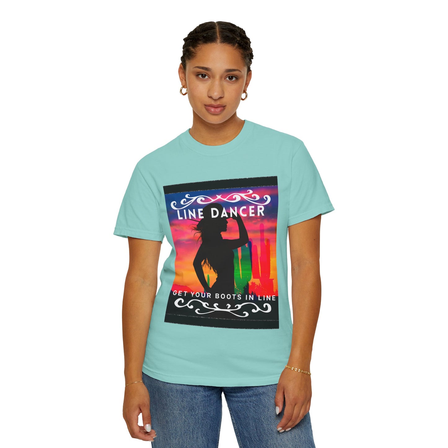 "Line Dancer" Unisex Garment-Dyed T-Shirt – Western Country Dance Graphic Tee – 'Get Your Boots in Line' Cowboy-Inspired Shirt