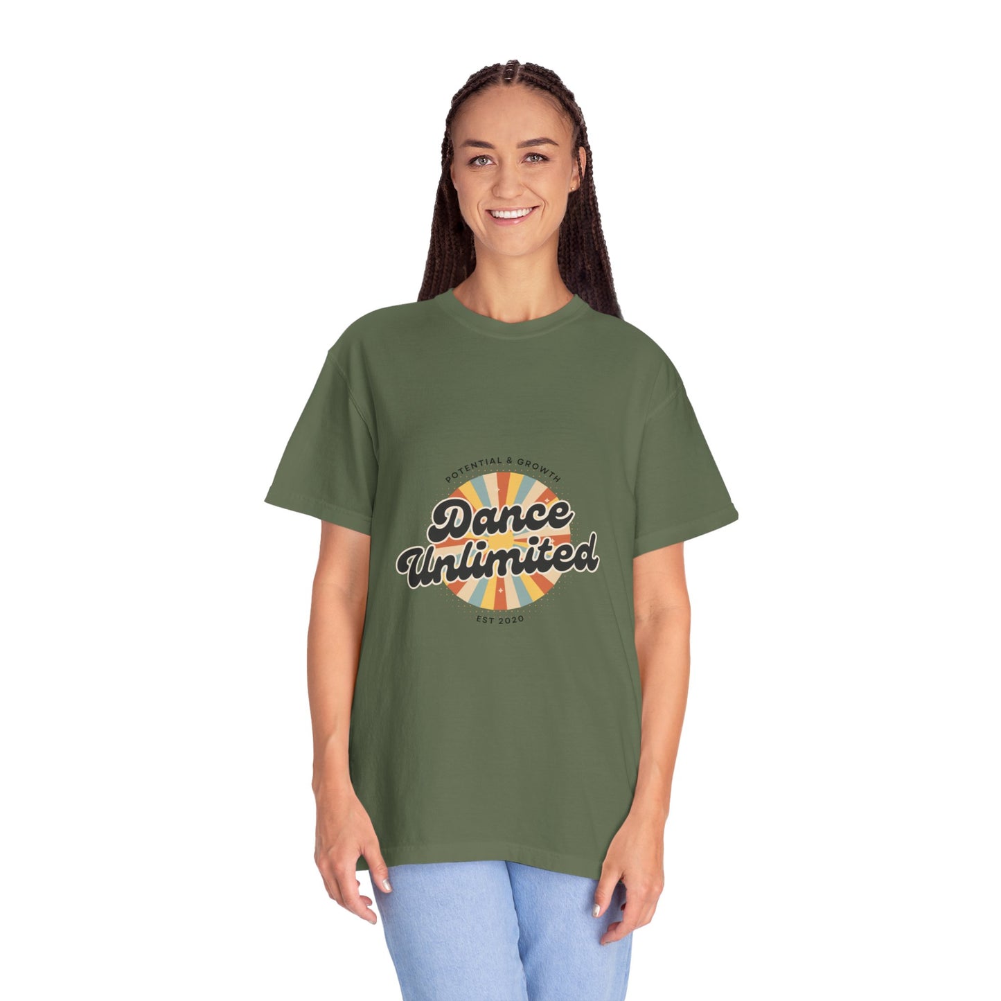 "Dance Unlimited, Potential & Growth" Unisex Garment-Dyed T-Shirt – Retro-Inspired Dance Motivation Graphic Tee – Inspirational Shirt for Dancers"
