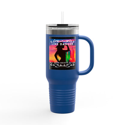 "Line Dancer, Get Your Boots In Line" 40oz Insulated Travel Mug – Cowgirl Dance-Themed Tumbler for Country Western Lovers