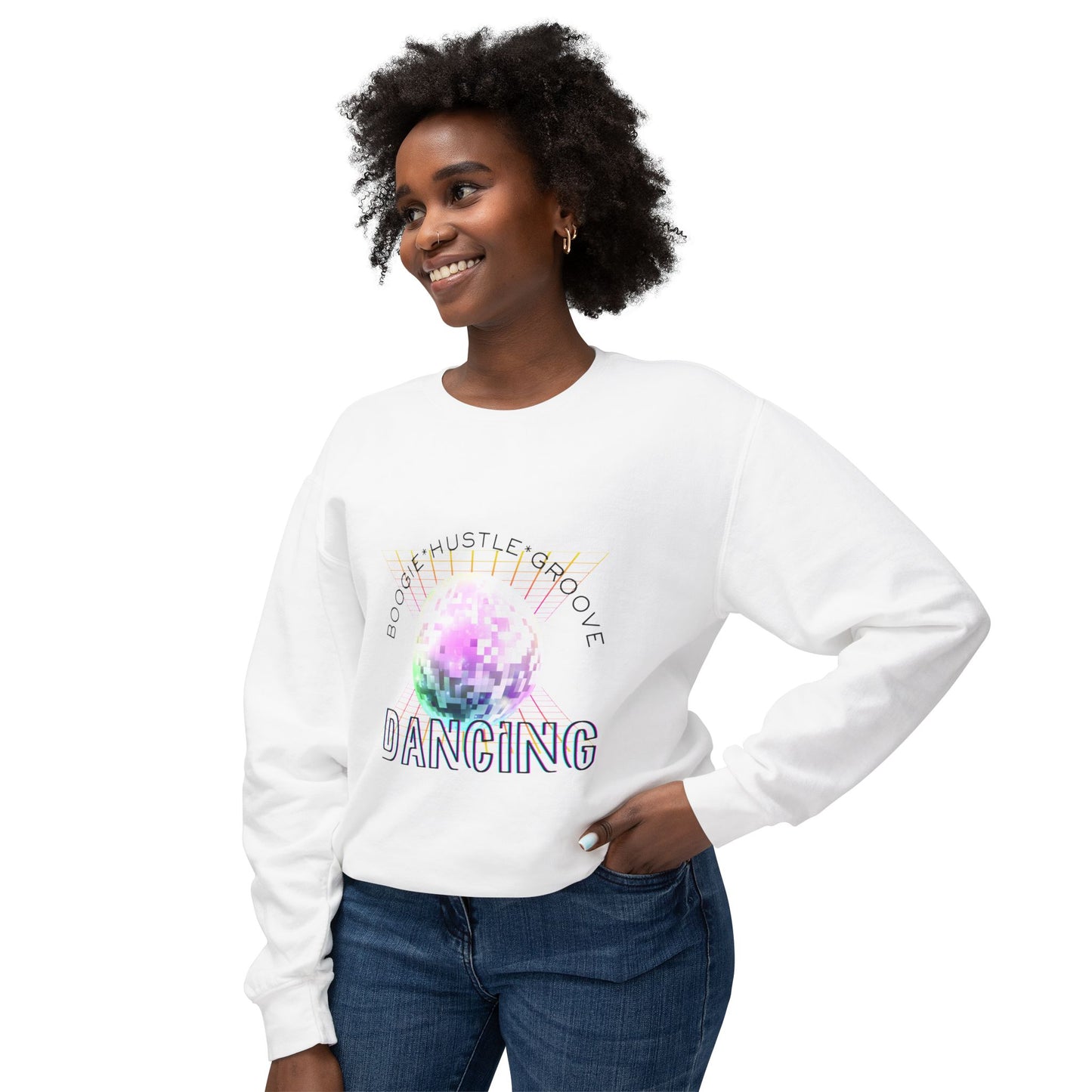 "Boogie, Hustle, Groove - Dancing" Streetwear Dance Graphic – Unisex Lightweight Crewneck Sweatshirt