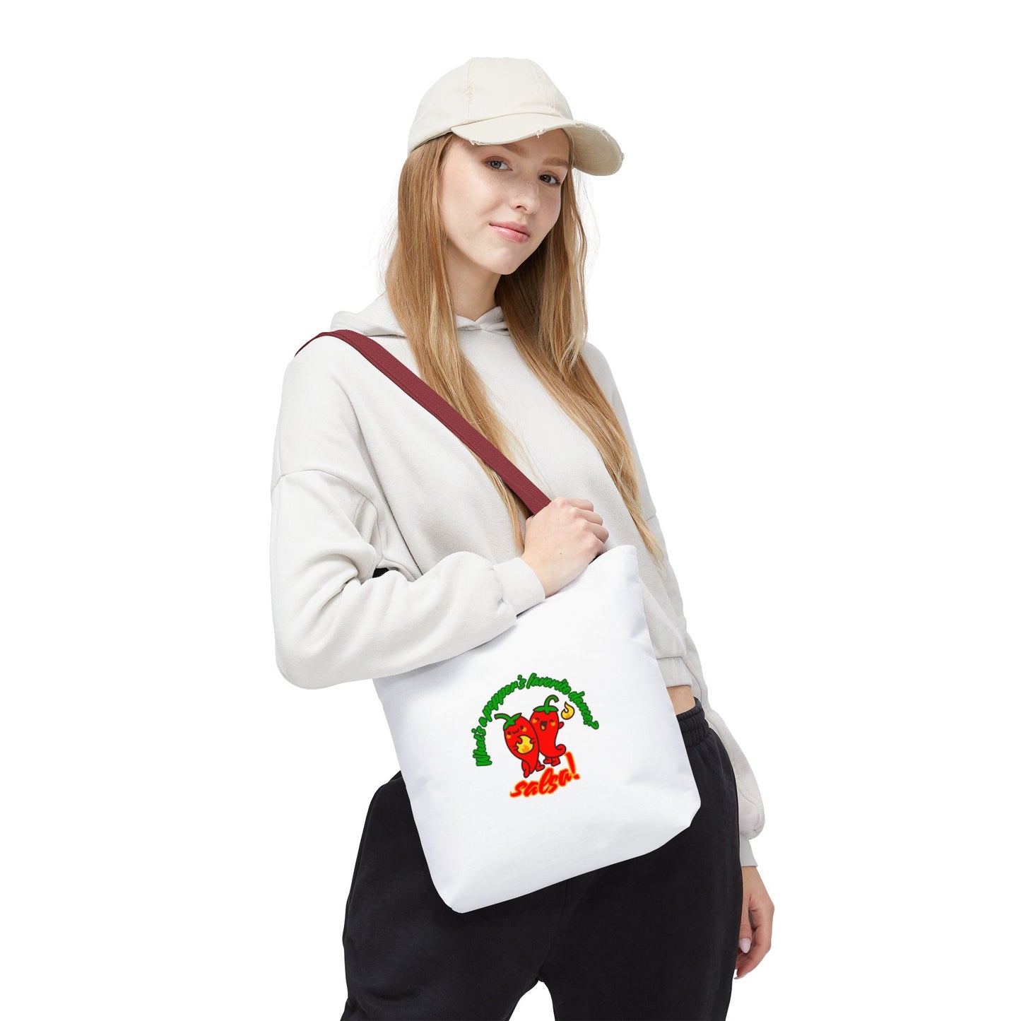 “What’s a Pepper’s Favorite Dance? Salsa!” Salsa Dance Pun Tote Bag – Funny Kawaii Pepper Graphic Canvas Bag for Dancers & Food Lovers