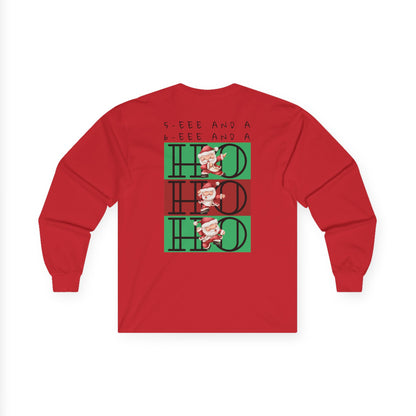 “5-eee and a 6-eee and a Ho, Ho, Ho” ADULT TEE Unisex Long Sleeve with Playful Dancing Santa Front & Back – Festive Christmas Dance Tee for Dancers & Studios