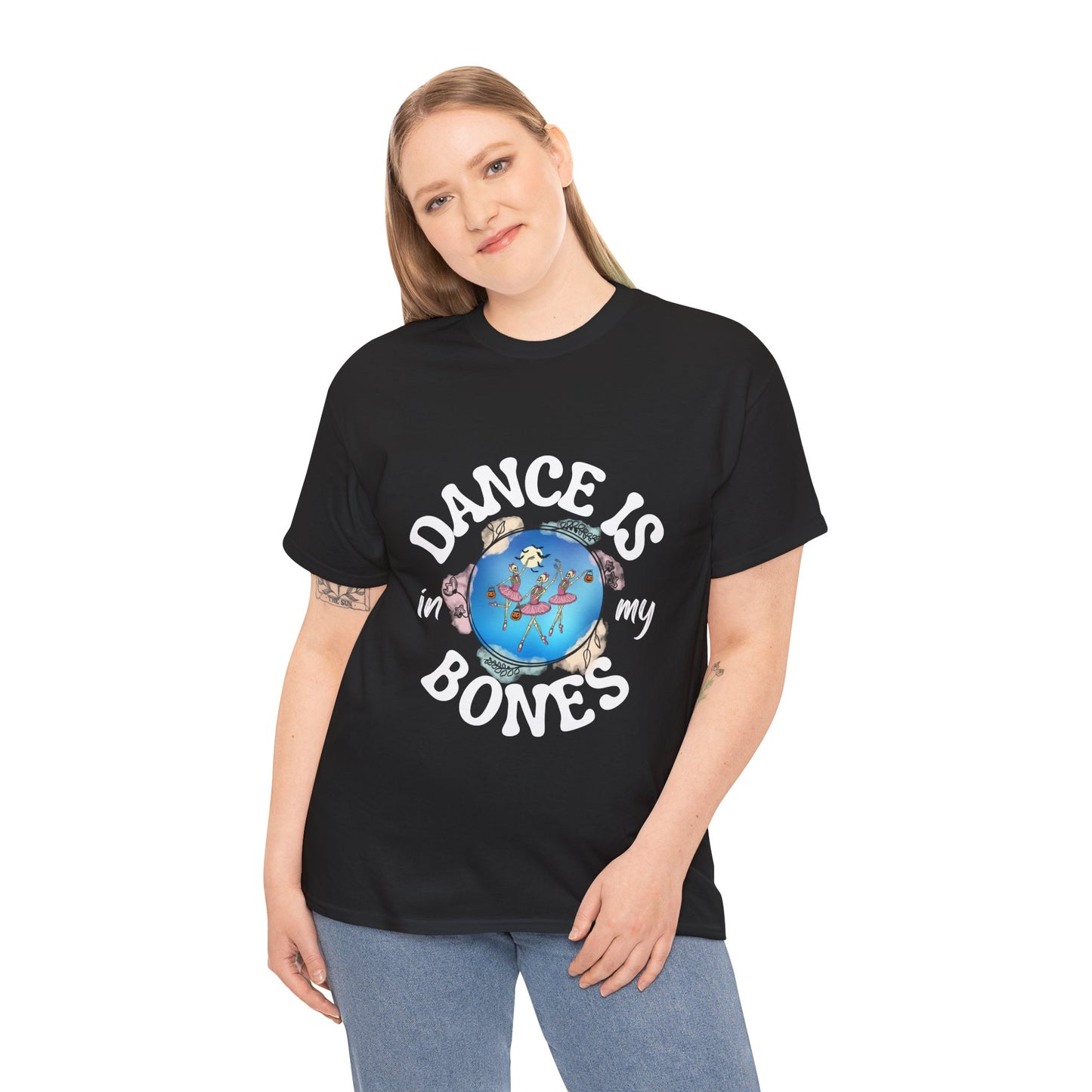 “Dance Is in My Bones” Halloween Dance T-Shirt with Dancing Skeletons Graphic - Unisex Heavy Cotton Tee