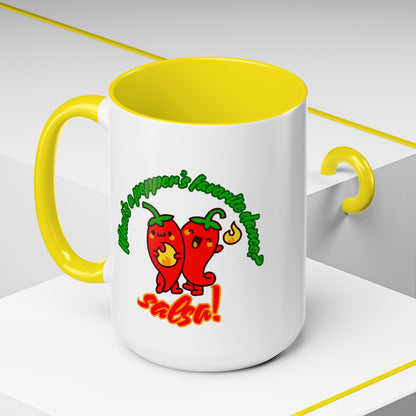 "What's a Pepper's Favorite Dance? Salsa." Accent Coffee Mug – Funny Dance Pun Ceramic Mug for Dancers and Food Lovers