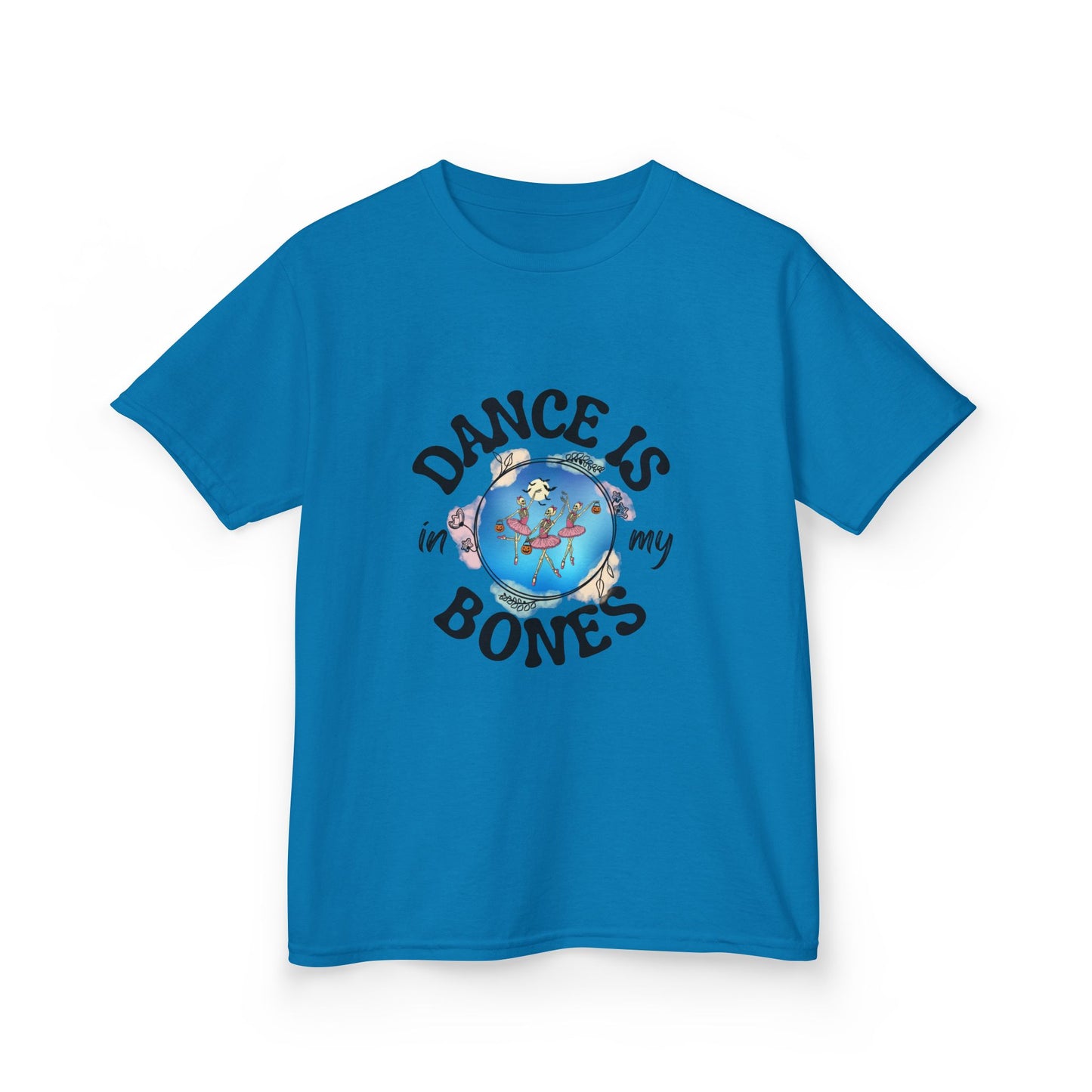 "Dance Is in My Bones” Halloween Dance T-Shirt with Dancing Skeletons Graphic - Kids Heavy Cotton™ Tee
