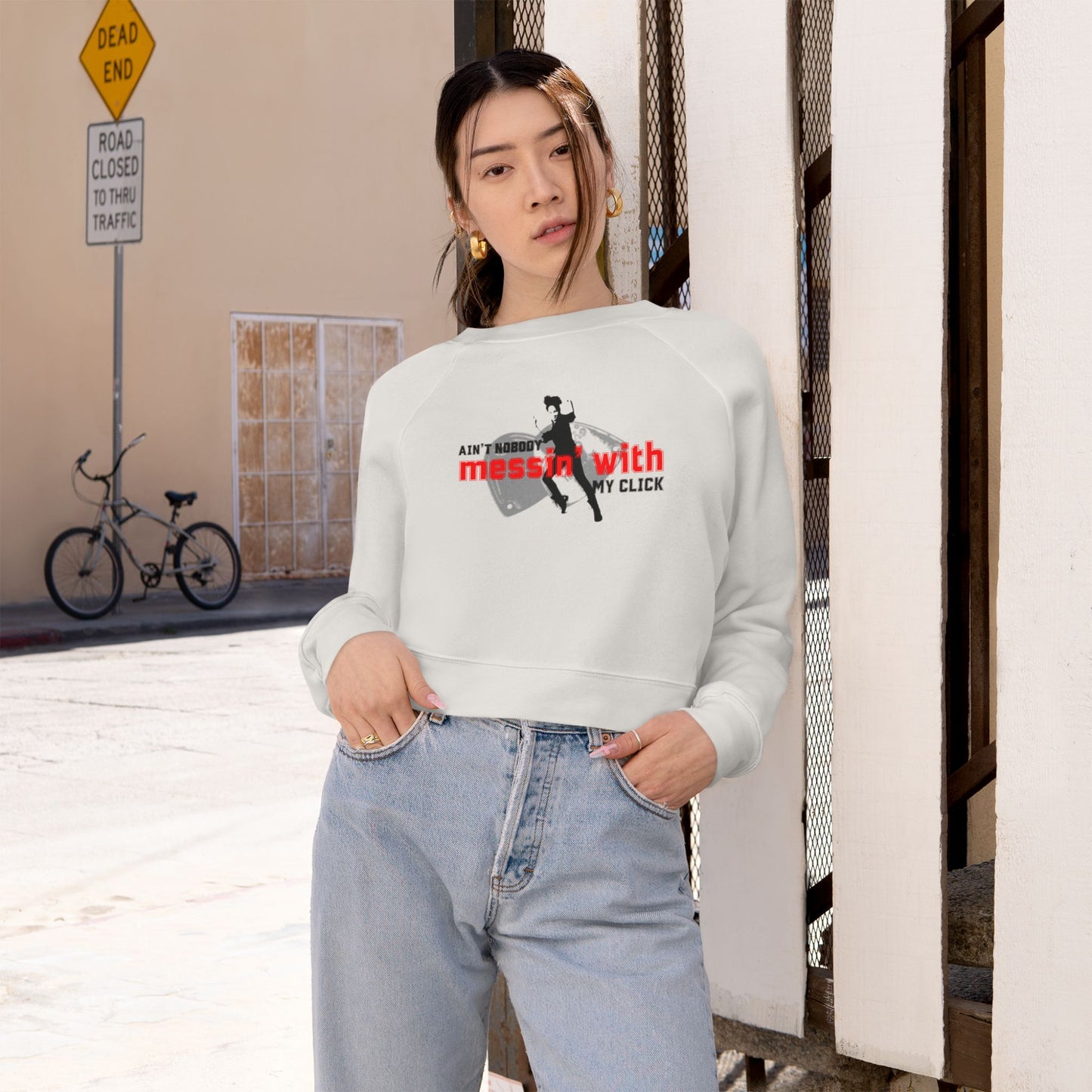 “Ain’t Nobody Messin’ with My Click” Tap Dance Graphic with Tap Shoes & Dancer | Streetwear-Inspired Tap Dance Sweatshirt for Dancers & Performers - Women’s Cropped Sweatshirt