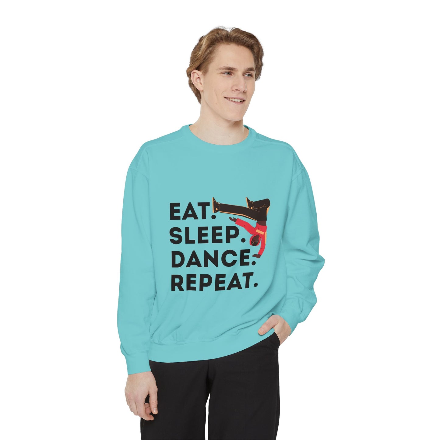 "Eat, Sleep, Dance, Repeat." Unisex Lightweight Crewneck Sweatshirt – Bold B-Boy Graphic Pullover for Hip-Hop Dancers & Street Style Fans