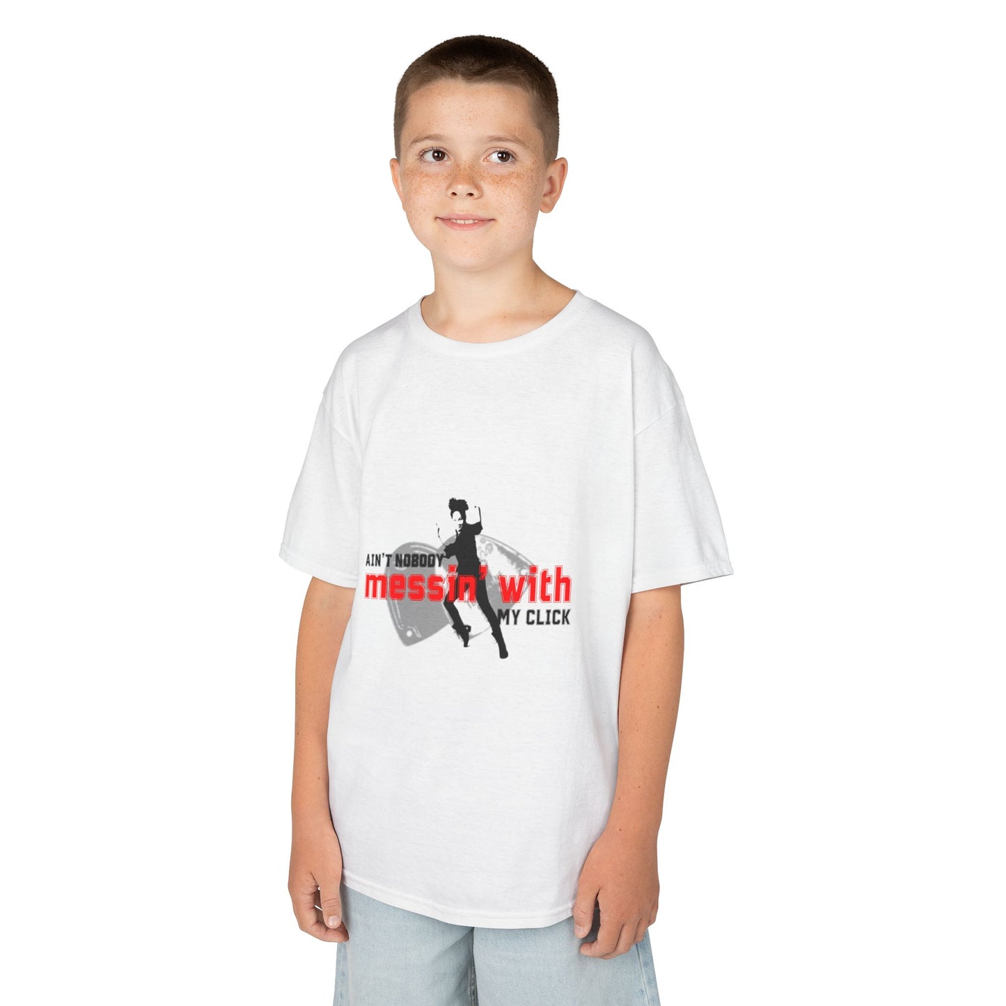 "Ain’t Nobody Messin’ With My Click" – Youth Short Sleeve Dance Tee with Tap Shoes & Tap Dancer Graphic