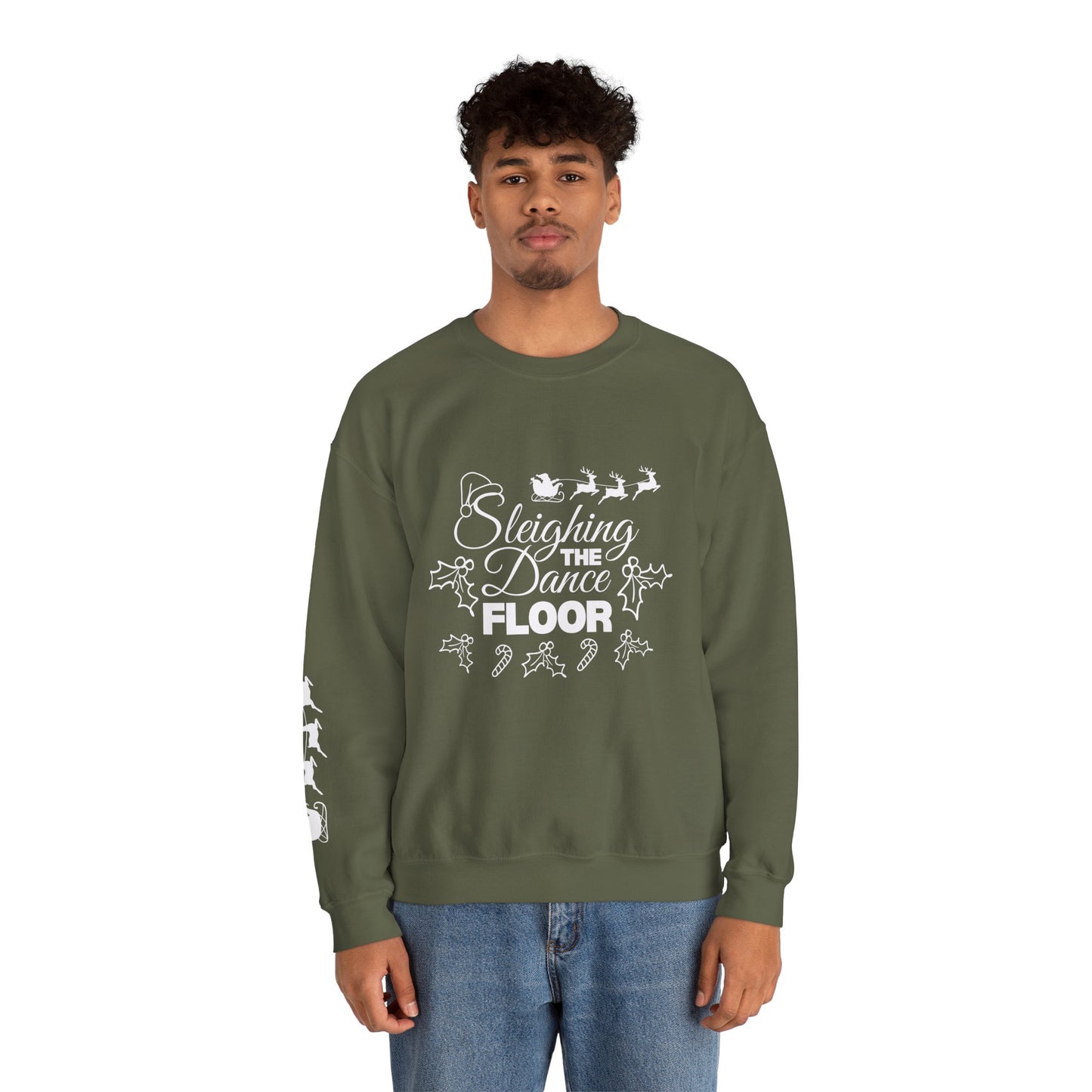 “Sleighing the Dance Floor” ADULT SWEATSHIRT Unisex Heavy Blend Crewneck – Festive Christmas Dance Sweatshirt with Santa’s Sleigh & Reindeer Arm Design, Perfect for Dancers & Studios