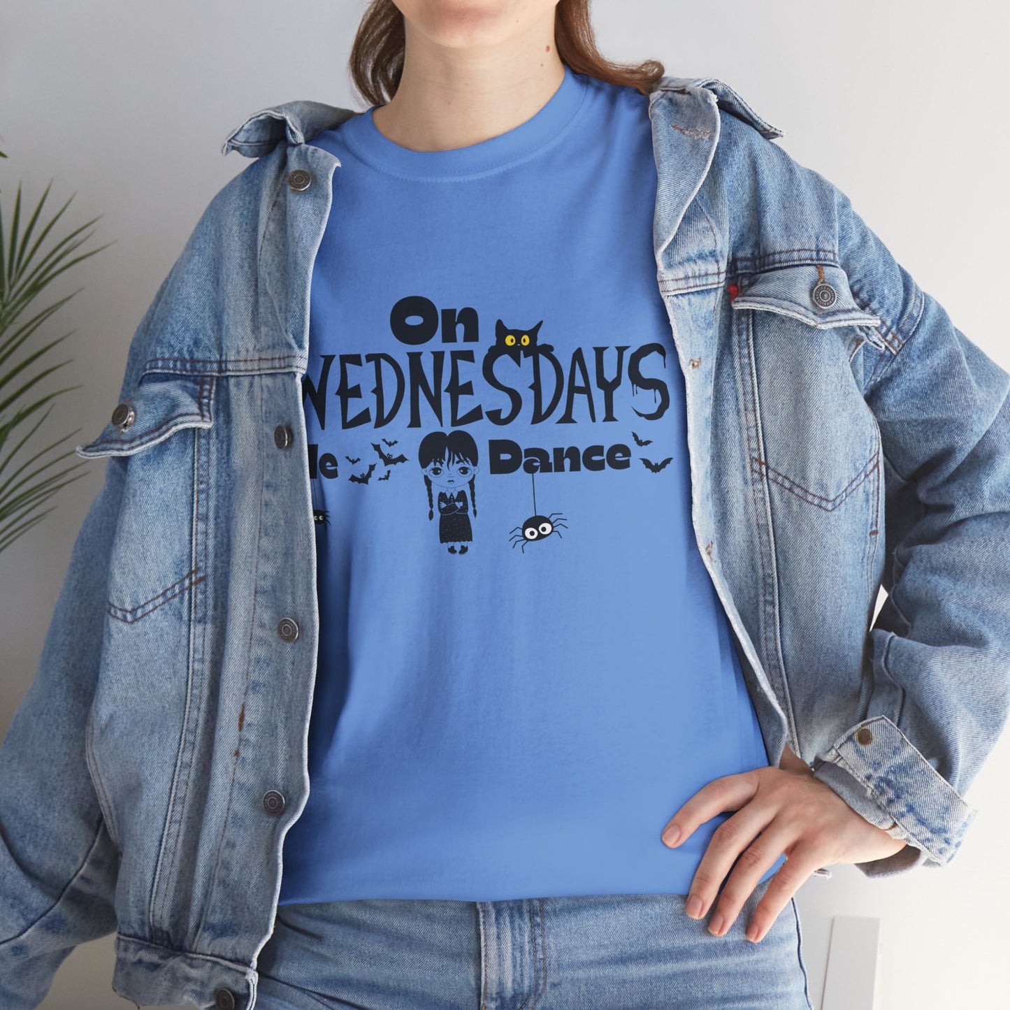 “On Wednesdays We Dance” Gothic Halloween T-Shirt with Cute Girl, Black Cat, Spiders & Bats - Unisex Heavy Cotton Tee