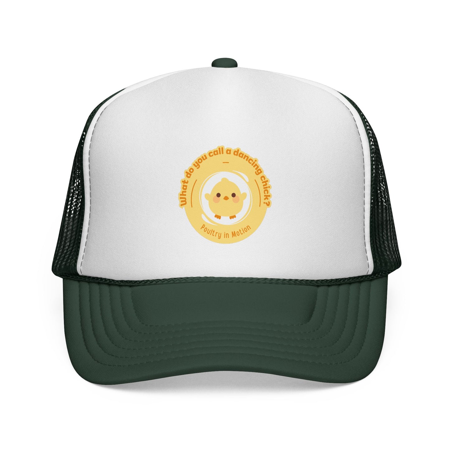 "What do you call a dancing chick? Poultry in Motion" Funny Dance Trucker Hat – Cute Chicken Graphic Unisex Cap for Dancers & Pun Lovers