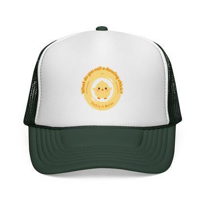"What do you call a dancing chick? Poultry in Motion" Funny Dance Trucker Hat – Cute Chicken Graphic Unisex Cap for Dancers & Pun Lovers