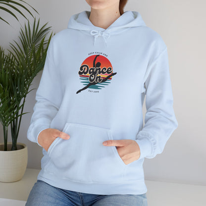 “Keep Calm and Dance On” Retro Hoodie – Unisex Dance-Inspired Hooded Sweatshirt for Dancers & Movement Lovers
