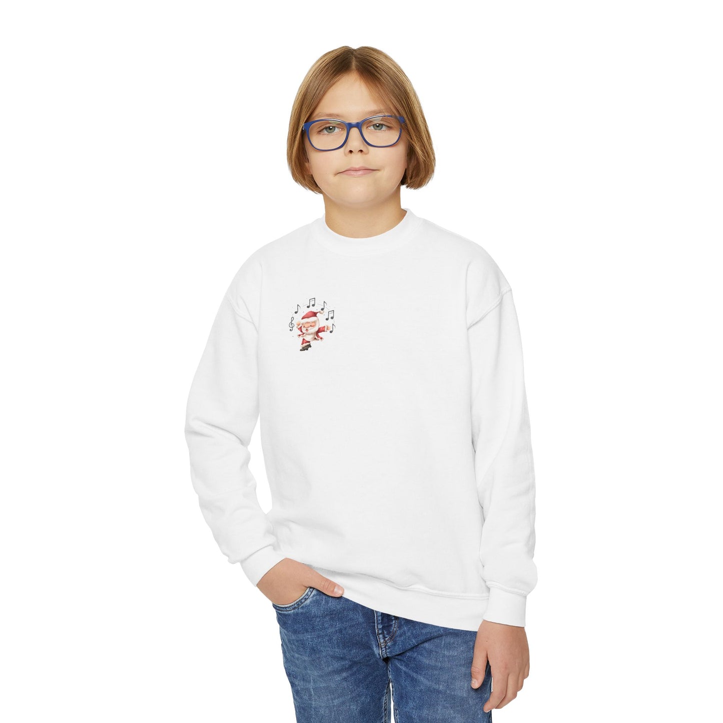 “5-eee and a 6-eee and a Ho, Ho, Ho” YOUTH SWEATSHIRT Crewneck with Playful Dancing Santa Front & Back – Festive Christmas Dance Sweatshirt for Dancers & Studios