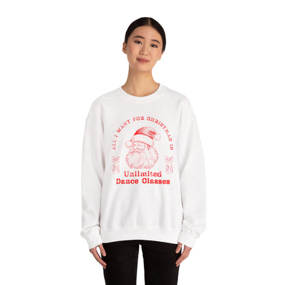 “All I Want for Christmas Is Unlimited Dance Classes” ADULT SWEATSHIRT Unisex Heavy Blend Crewneck with Vintage Santa – Festive Holiday Dance Sweatshirt for Dancers & Studios