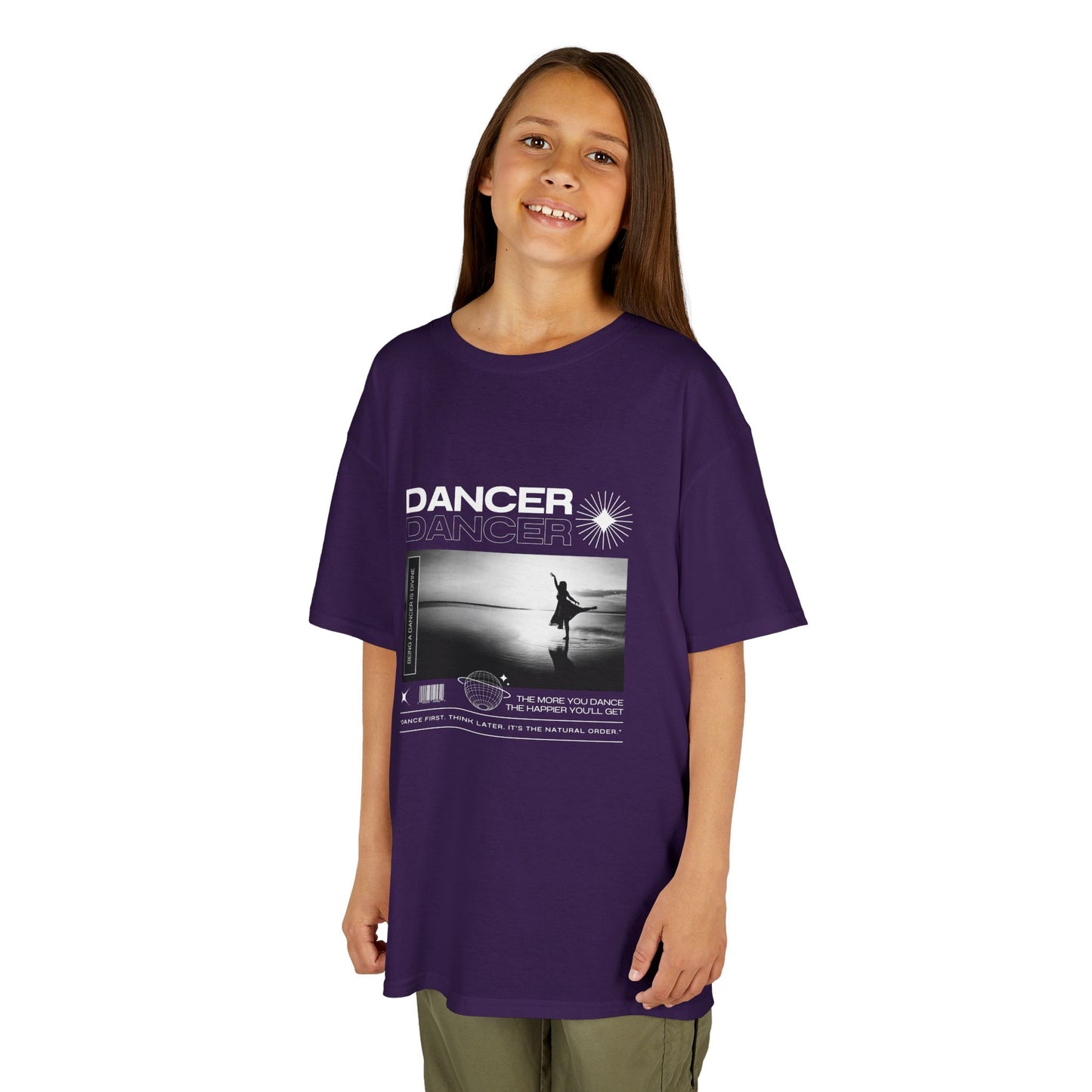 "Dancer" Arabesque on the Beach – Youth Short Sleeve Dance Tee in Streetwear-Inspired Style