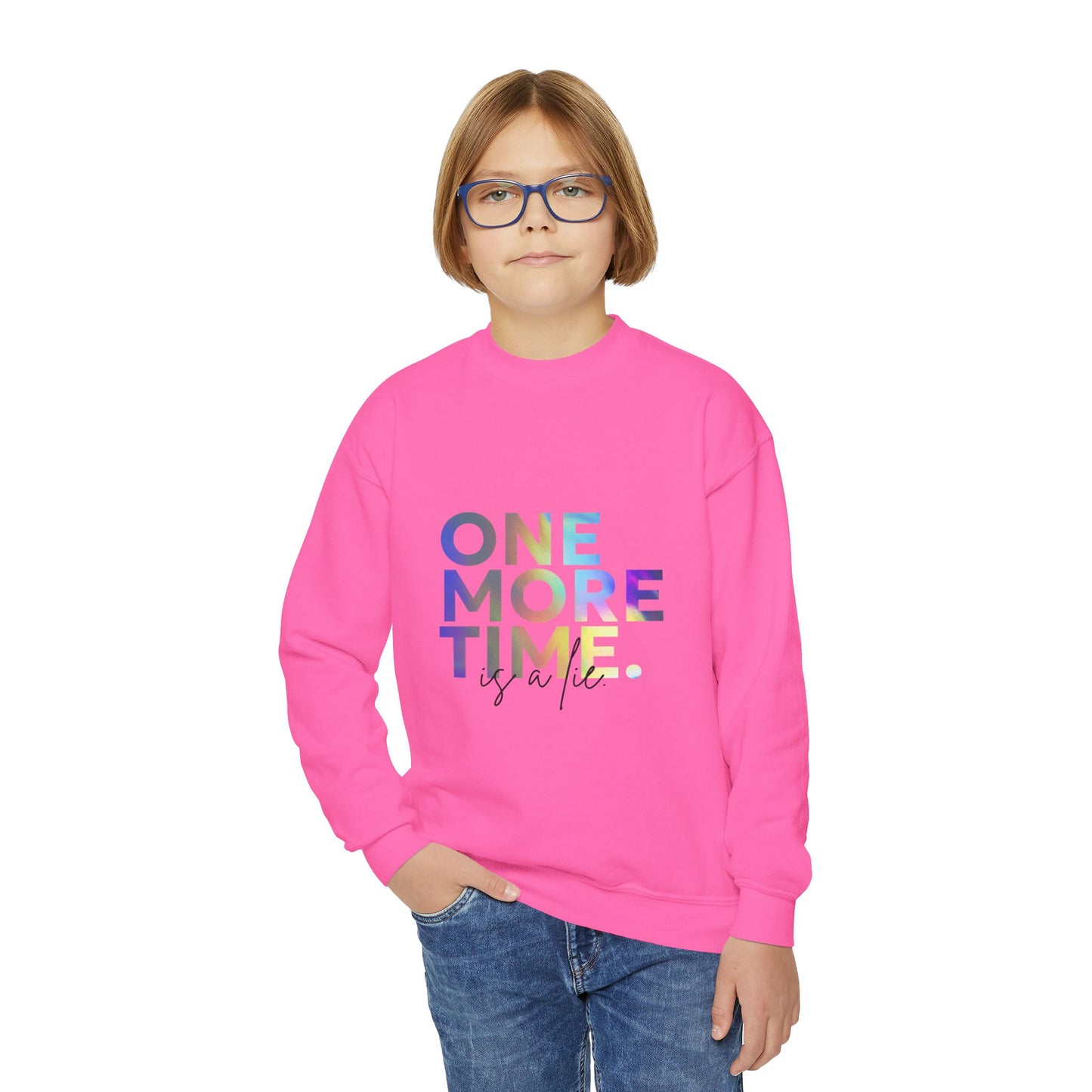 "One More Time Is a Lie" – Funny Dance Youth Crewneck Sweatshirt | Retro Kids Dancer Pullover