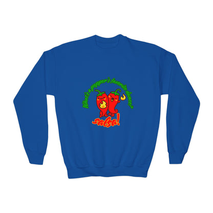 "What's a pepper's favorite dance?  Salsa!" – Funny Dance Pun Youth Crewneck Sweatshirt | Cute Pepper Graphic Kids Pullover for Dancers