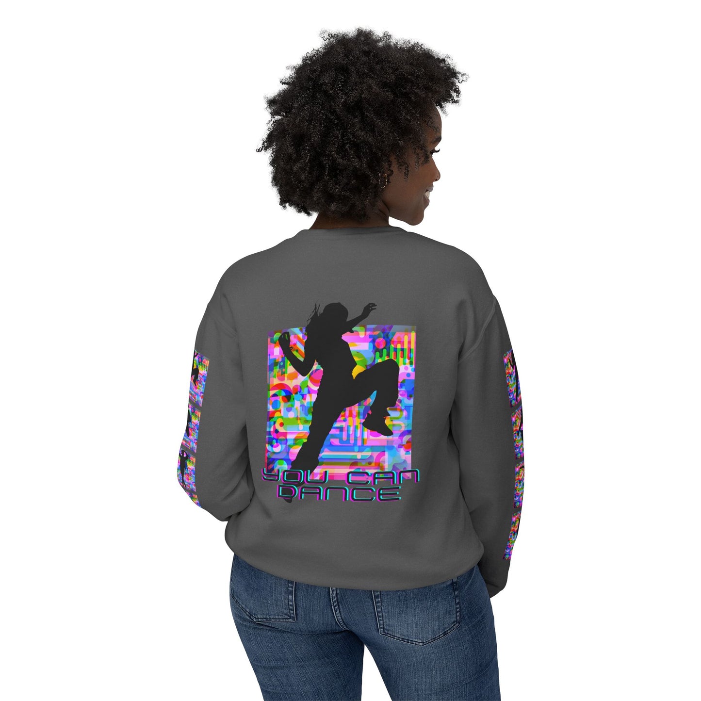 Levels Premium Collection Dance Crewneck Sweatshirt – Vibrant Unisex Streetwear Pullover with "Levels Pictures Textures" Front Text and Dancer Silhouettes on Sleeves
