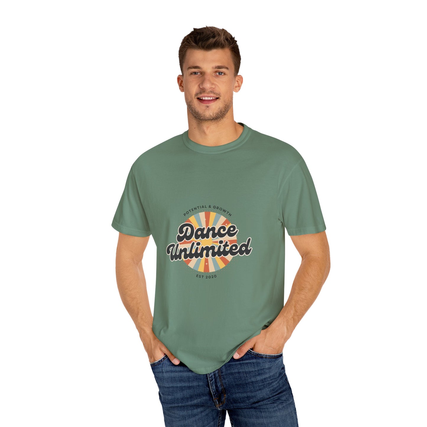 "Dance Unlimited, Potential & Growth" Unisex Garment-Dyed T-Shirt – Retro-Inspired Dance Motivation Graphic Tee – Inspirational Shirt for Dancers"
