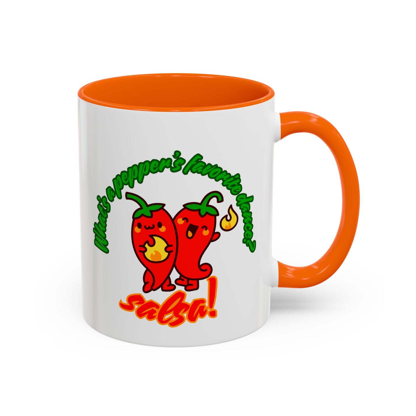 "What's a Pepper's Favorite Dance? Salsa." Accent Coffee Mug – Funny Dance Pun Ceramic Mug for Dancers and Food Lovers