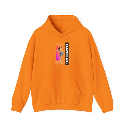 Dancing” Text with Streetwear-Style Female Dancer Graphic - Unisex Heavy Blend™ Hooded Sweatshirt – Cozy Dance Hoodie for Ballet & Hip-Hop Enthusiasts