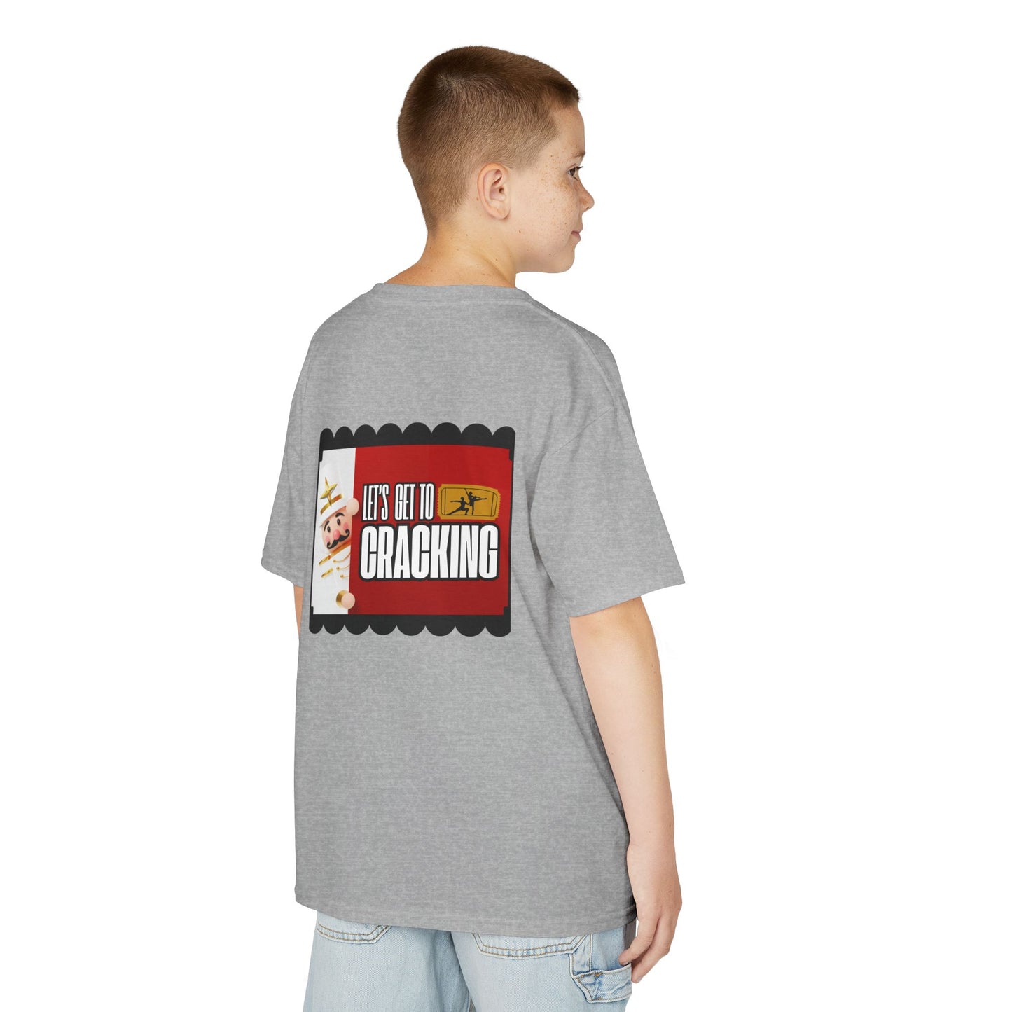 “Let’s Get to Cracking” YOUTH Back Print Tee + Nutcracker 2025 Front – Youth T-shirt | Ballet Holiday Dance Tee