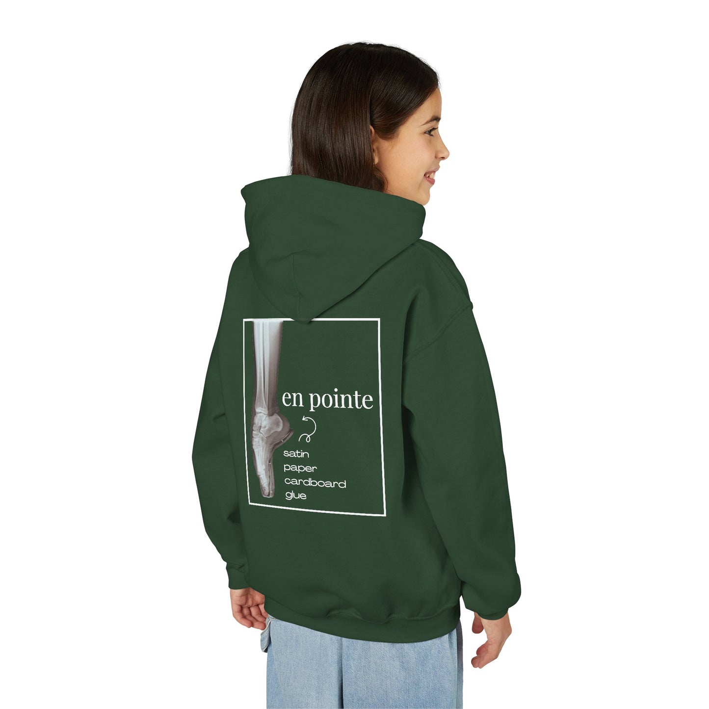 “I Dance En Pointe” Youth Pullover Hoodie with X-Ray Ballet Foot Graphic – Personalized Dance Hoodie for Kids, Custom Name or Studio Option