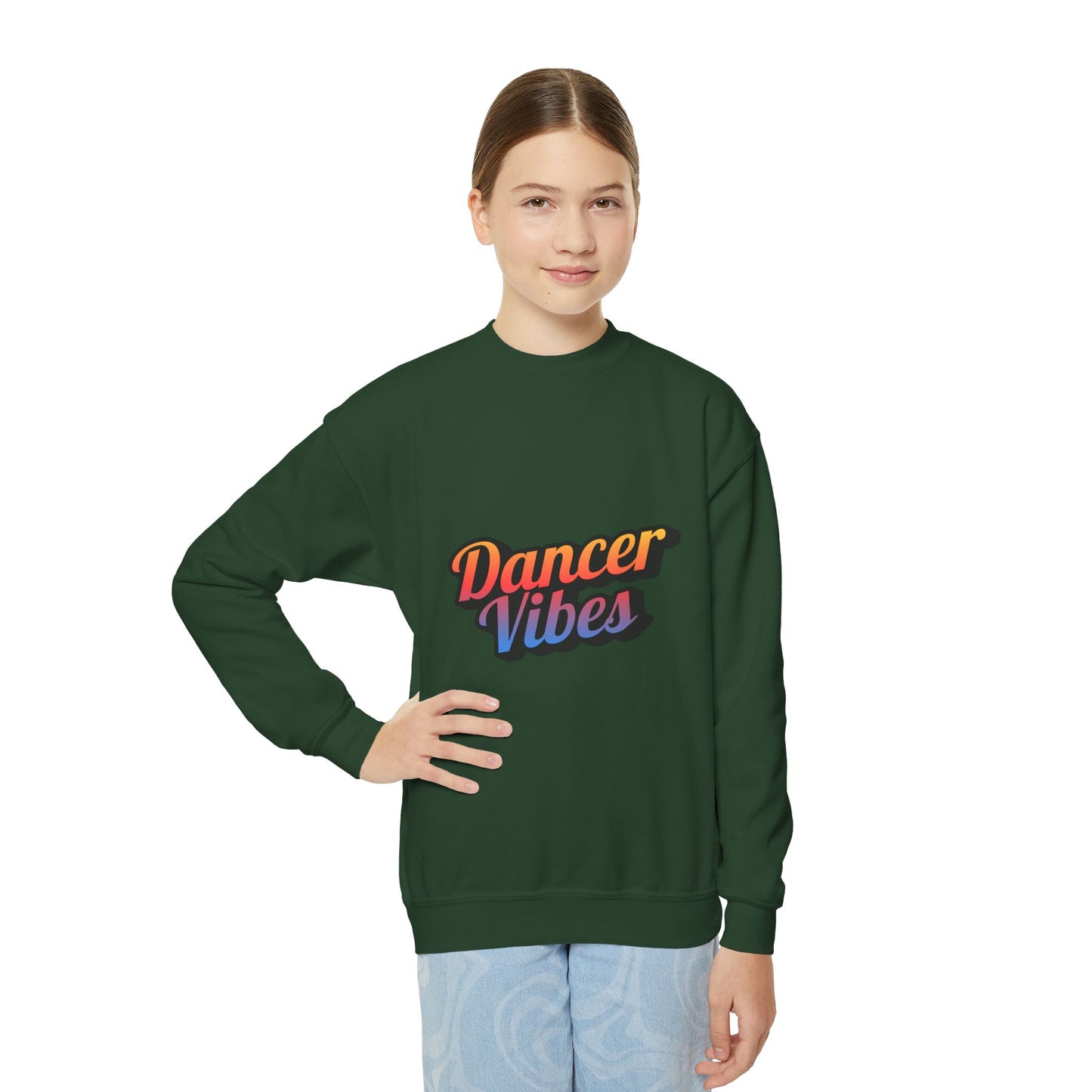 "Dancer Vibes" Youth Crewneck Sweatshirt – Colorful Text-Based Dance Graphic Pullover for Kids and Teens