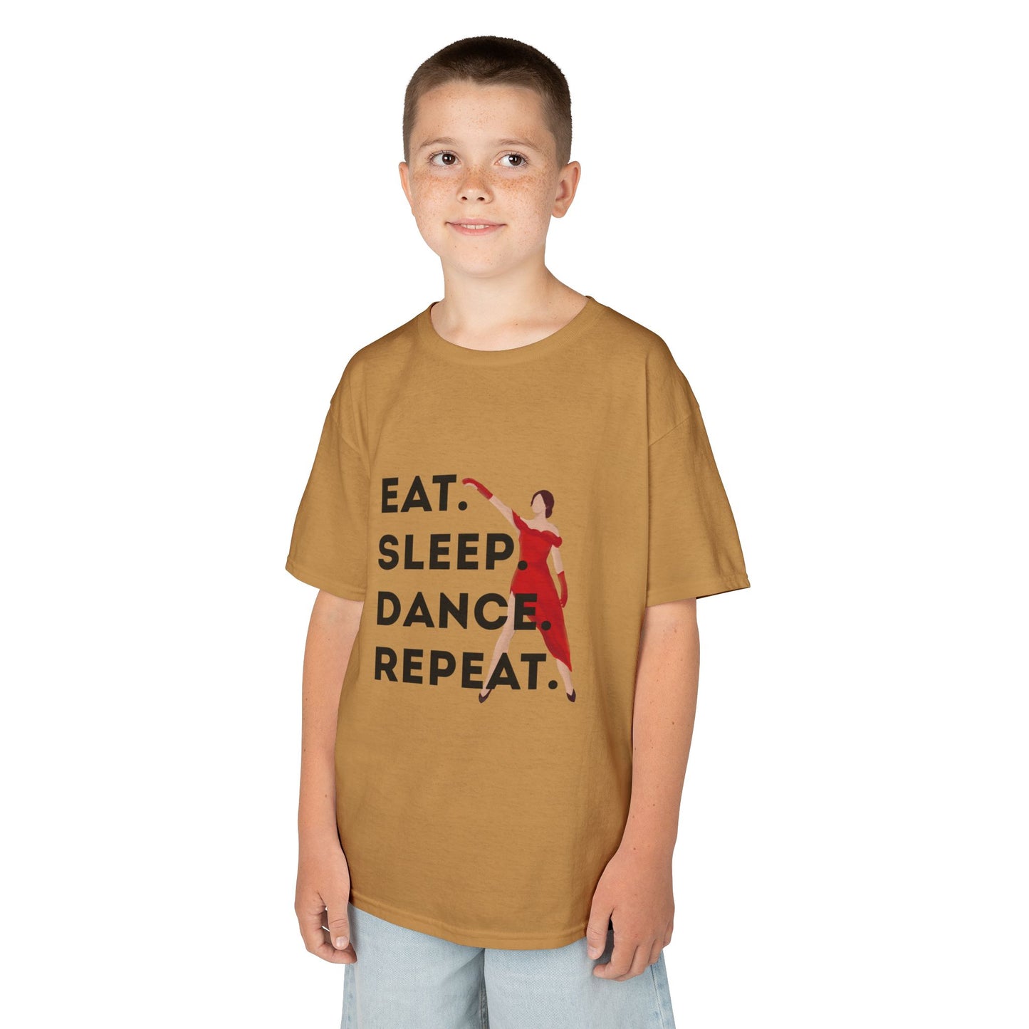 "Eat Sleep Dance Repeat” Youth Short Sleeve Tee – Bold Dancer Graphic Dance Shirt for Kids and Young Performers