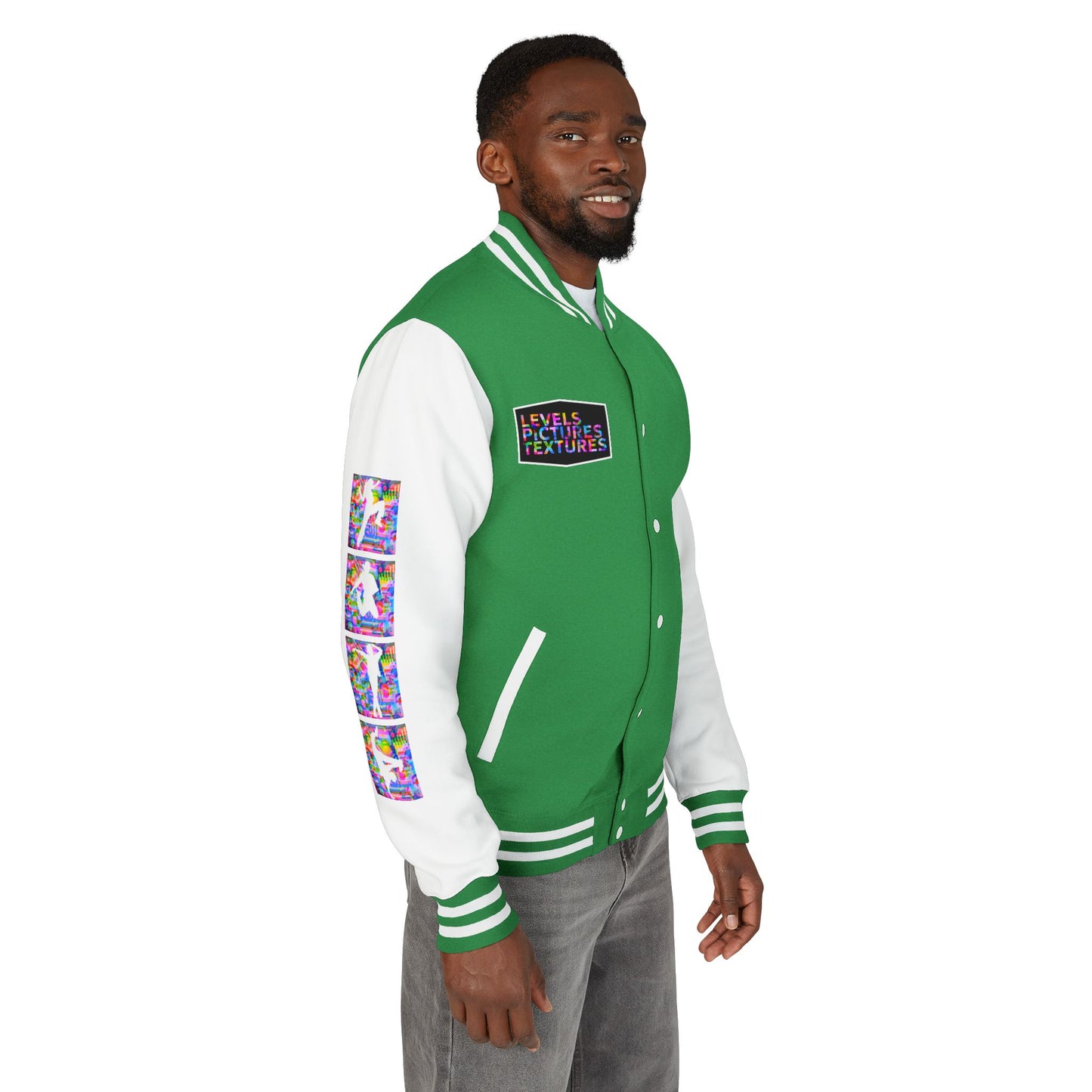 Levels Premium Collection Dance Letterman Jacket – Colorful Unisex Streetwear Varsity Jacket with "Levels Pictures Textures" Front and Dancer Silhouette Back Graphic