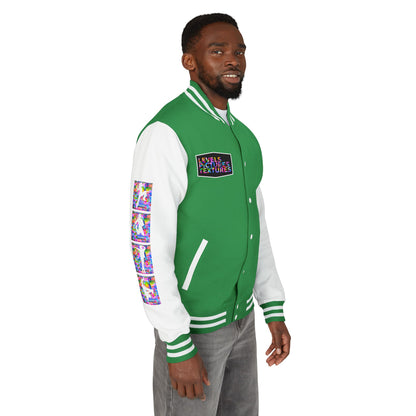 Levels Premium Collection Dance Letterman Jacket – Colorful Unisex Streetwear Varsity Jacket with "Levels Pictures Textures" Front and Dancer Silhouette Back Graphic