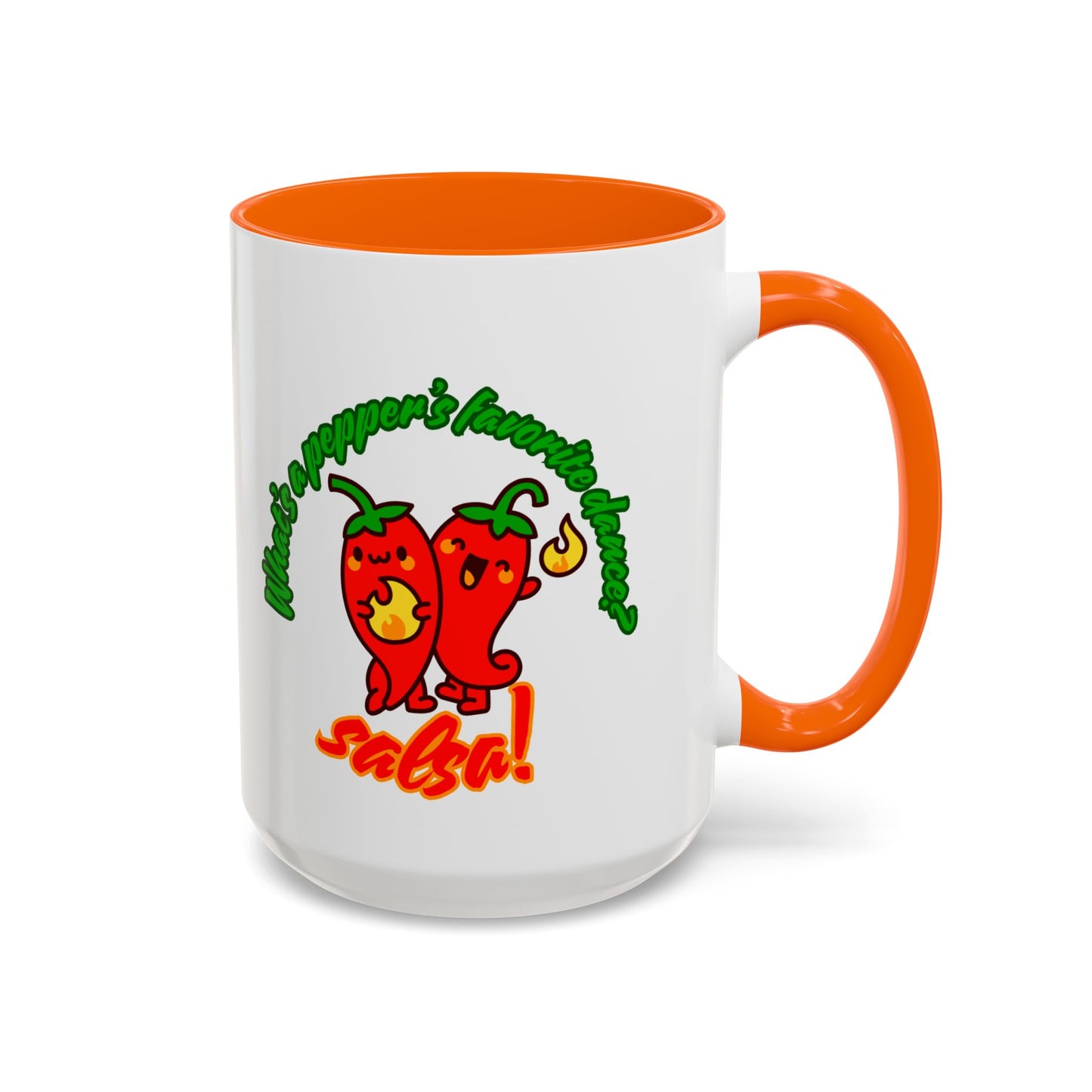 "What's a Pepper's Favorite Dance? Salsa." Accent Coffee Mug – Funny Dance Pun Ceramic Mug for Dancers and Food Lovers