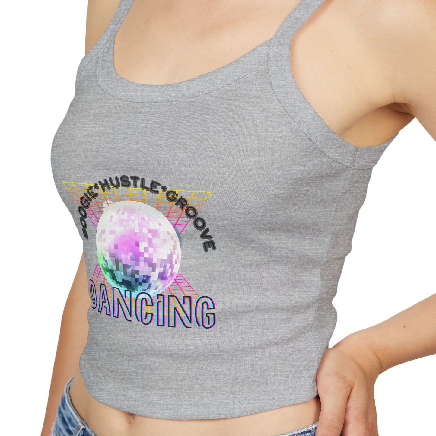 "Boogie, Hustle, Groove – Dancing" Women’s Spaghetti Strap Tank Top – Bold Retro Graphic | Fun 70s-Inspired Dancewear for Studio & Everyday Style