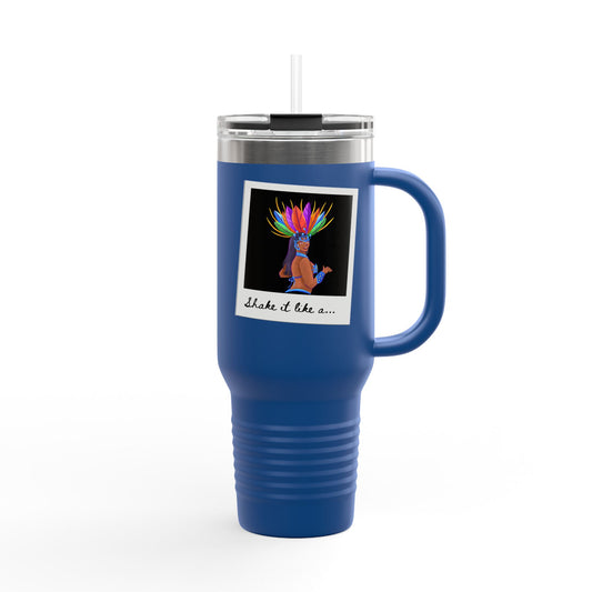 "Shake It Like a..." 40oz Insulated Travel Mug – Carnival Samba Dancer Graphic | Fun Dance-Themed Stainless Steel Tumbler for Hot & Cold Drinks