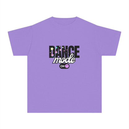 “Dance Mode On" Comfort Colors Youth Midweight  T-Shirt – Pastel Stars & Smiley Face Dance Graphic Tee for Kids