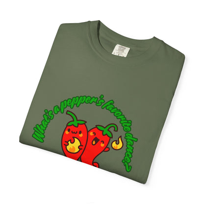 "What's a Pepper's Favorite Dance? Salsa!" Dance Pun Unisex Garment-Dyed T-Shirt – Funny Dance Joke Tee with Cute Pepper Graphic – Dance Humor Shirt for Food & Pun Lovers