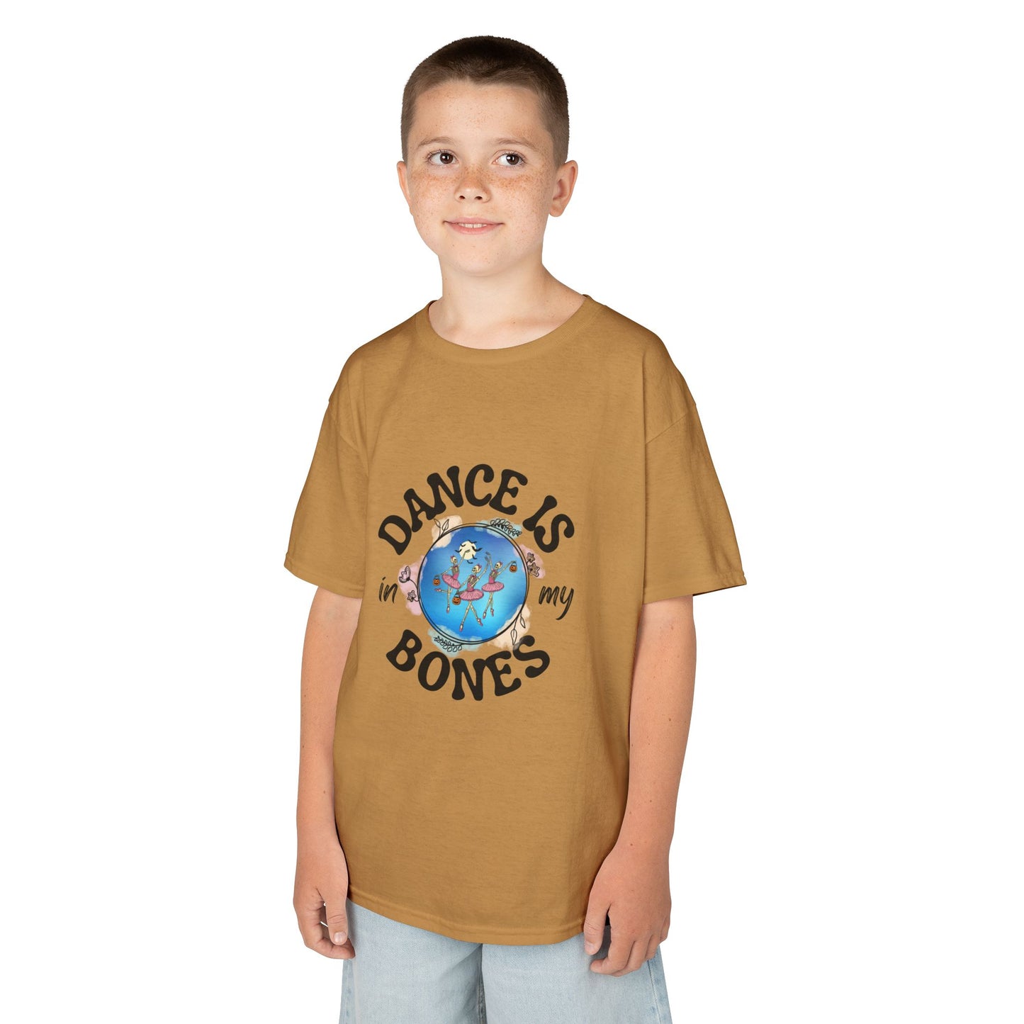 "Dance Is in My Bones” Halloween Dance T-Shirt with Dancing Skeletons Graphic - Kids Heavy Cotton™ Tee